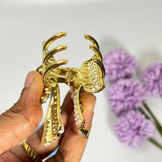 Gold Pearl Bow Hair Claw