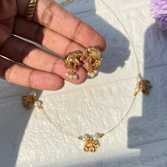 Elephant Charm Invisible Necklace & Earring Set