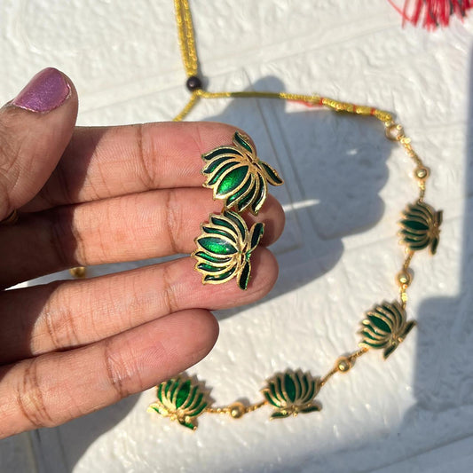 Lotus Charm Necklace & Earring Set (Green)
