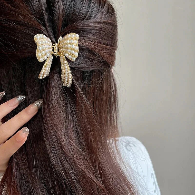 Gold Pearl Bow Hair Claw