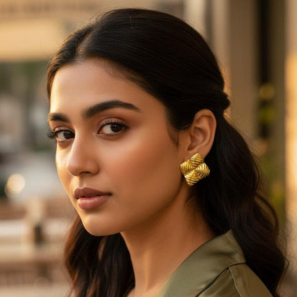 Gold Textured Square Stud Earrings – Stainless Steel