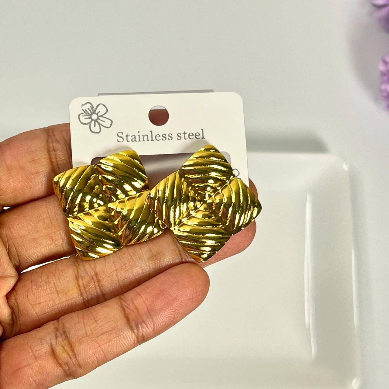 Gold Textured Square Stud Earrings – Stainless Steel