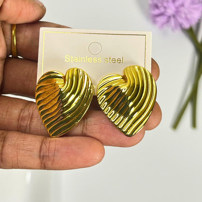 Gold Textured Heart Stud Earrings – Stainless Steel