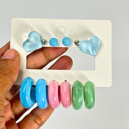 Pastel Heart & Hoop Stud Earring Set – 6 Pair Combo