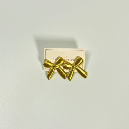 Gold Ribbed Bow Stud Earrings – Stainless Steel