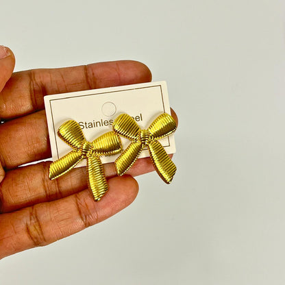 Gold Ribbed Bow Stud Earrings – Stainless Steel