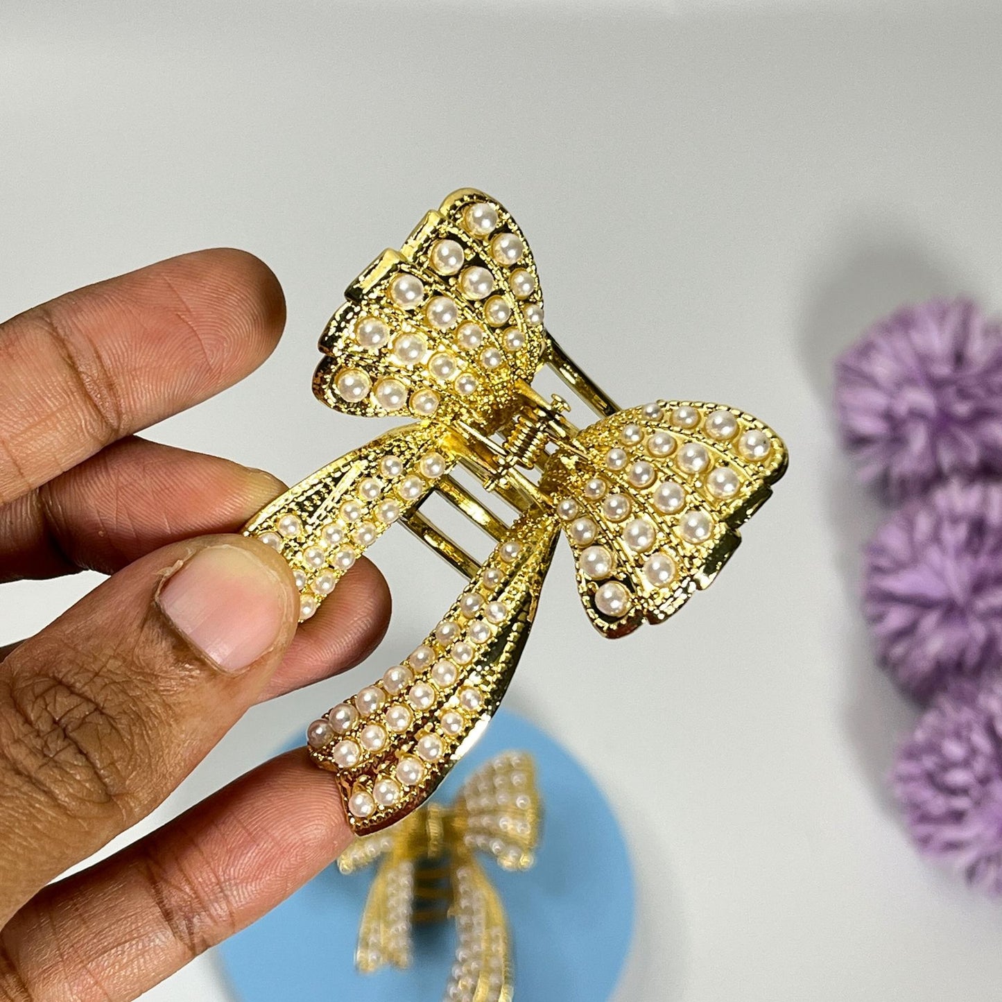 Gold Pearl Bow Hair Claw