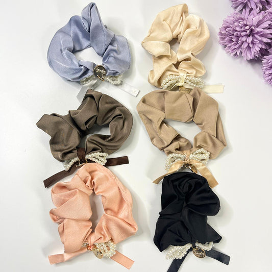 Pearl Charm Satin Scrunchies