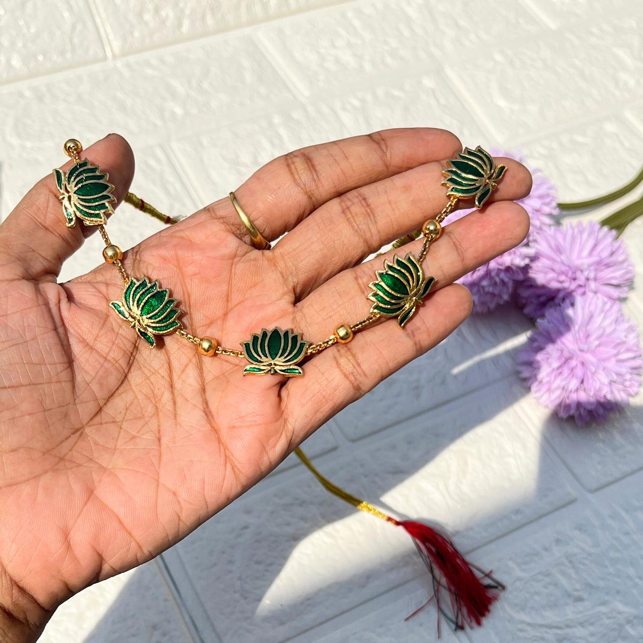 Lotus Charm Necklace & Earring Set (Green)