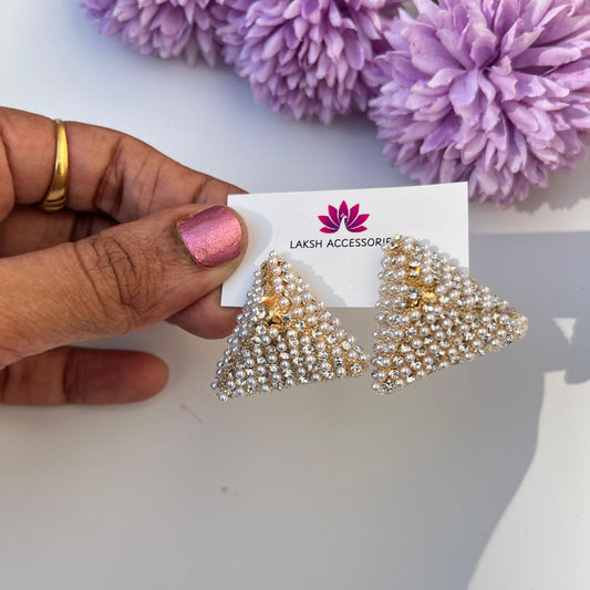 Pearl and Stone Triangle Statement Stud Earrings