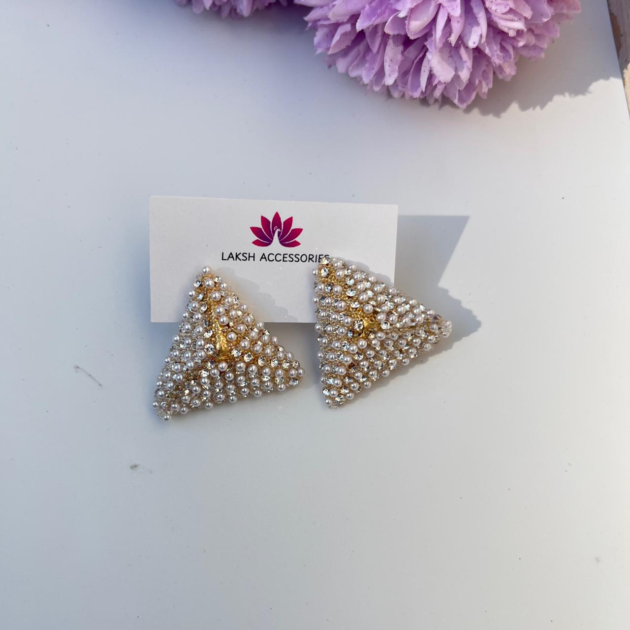Pearl and Stone Triangle Statement Stud Earrings