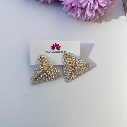 Pearl and Stone Triangle Statement Stud Earrings