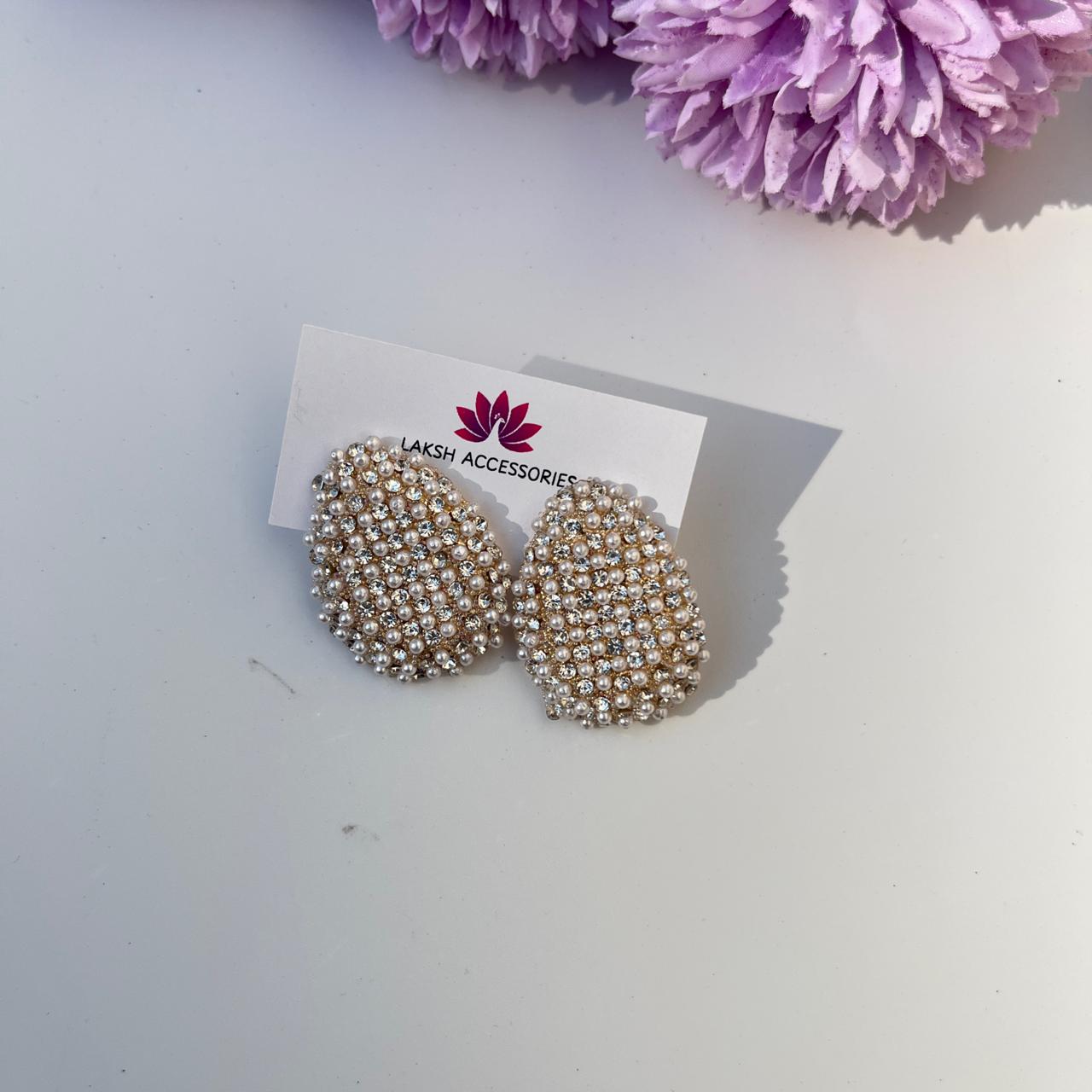 Pearl & Stone Cluster Earrings - Oval shape