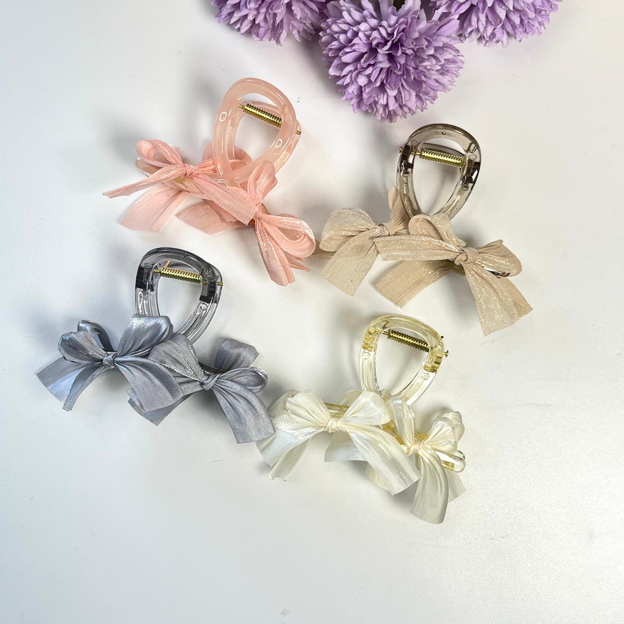 Transparent Bow Claw Hair Clips with Satin Ribbon - Medium