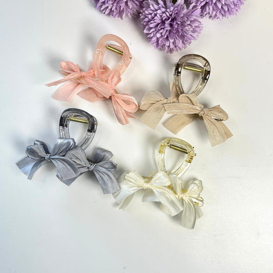 Transparent Bow Claw Hair Clips with Satin Ribbon - Medium