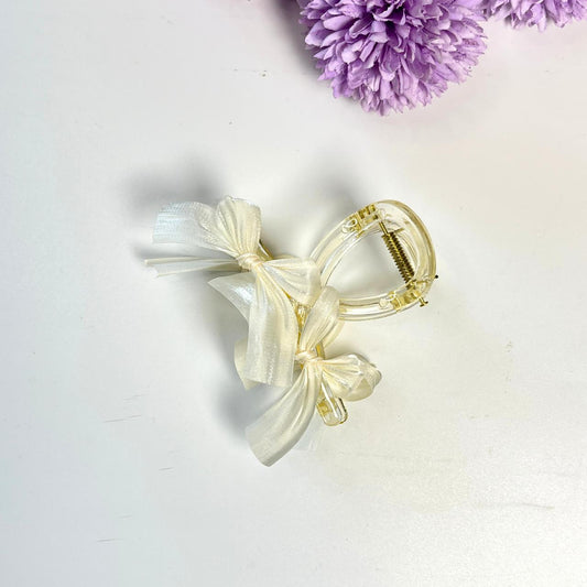 Transparent Bow Claw Hair Clips with Satin Ribbon - Medium