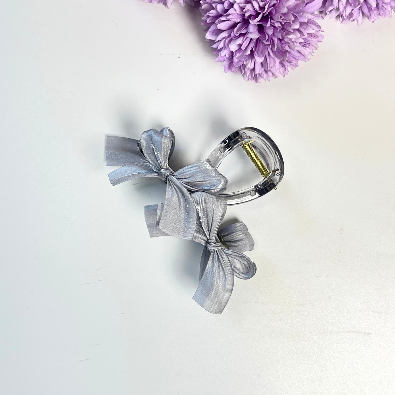 Transparent Bow Claw Hair Clips with Satin Ribbon - Medium