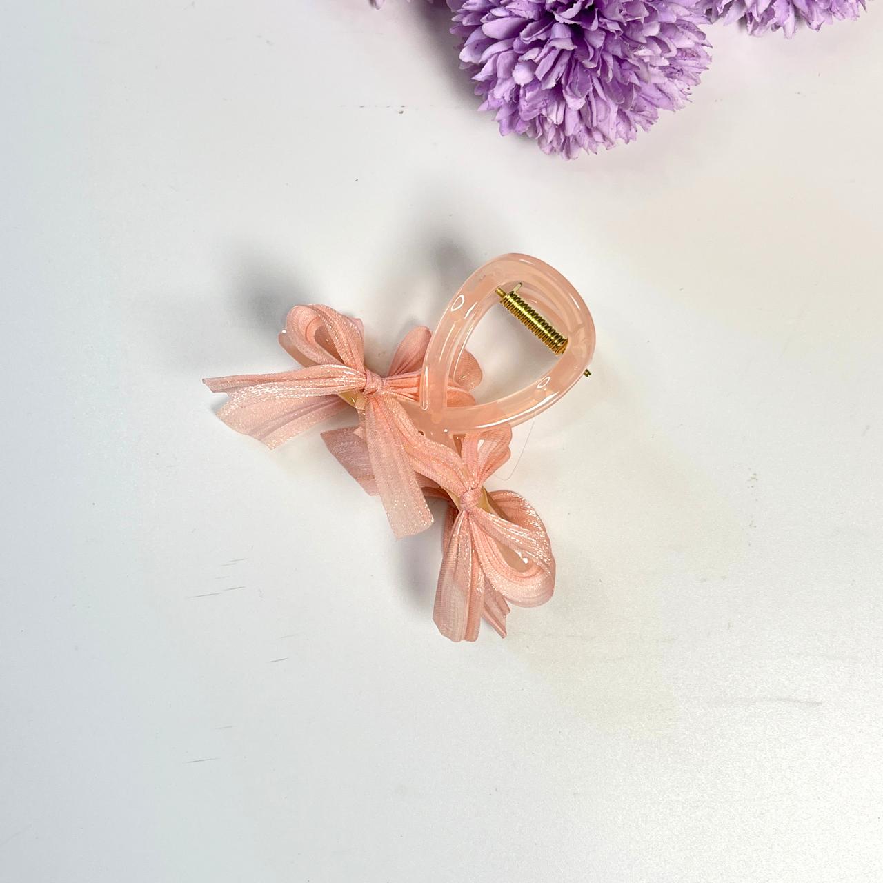 Transparent Bow Claw Hair Clips with Satin Ribbon - Medium