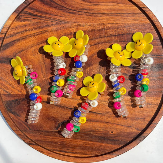 Smiley Daisy Spiral Coil Ponytail Holder Hair Rope – Multicolor Beads