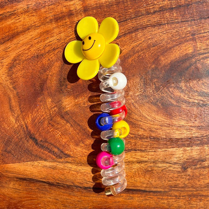 Smiley Daisy Spiral Coil Ponytail Holder Hair Rope – Multicolor Beads