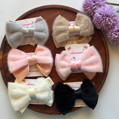 Luxury Faux Fur Bow Hair Clip – Soft Satin Ribbon Hair Bow