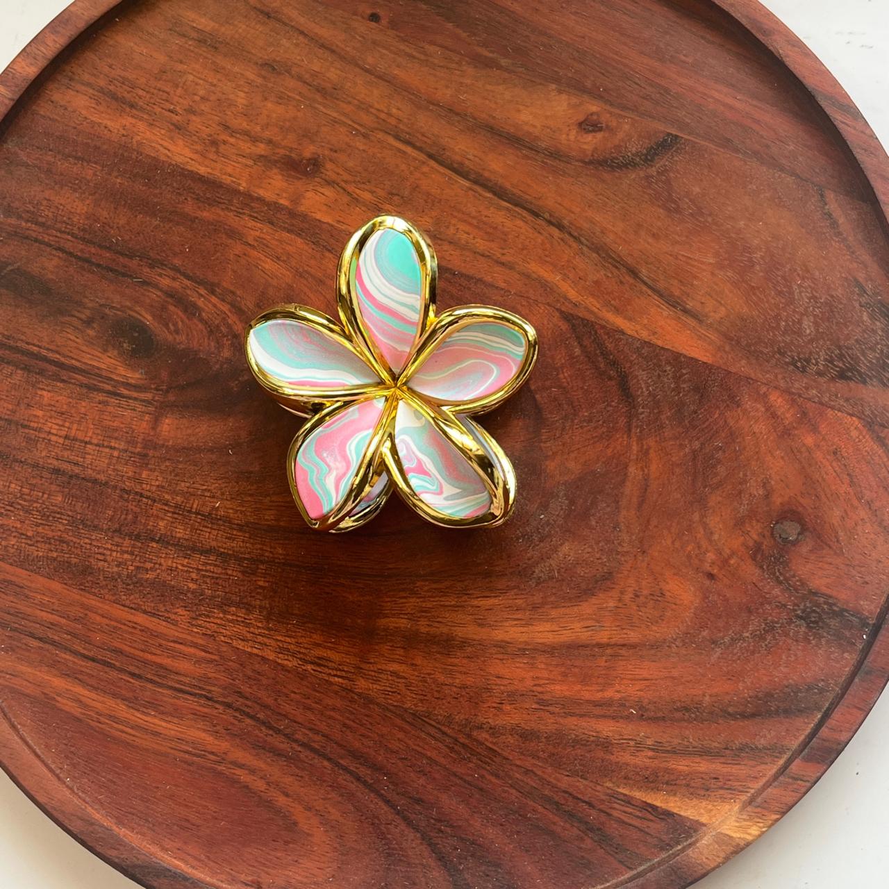 Marbled Gold-Trim Flower Claw Clip - Medium 8cm